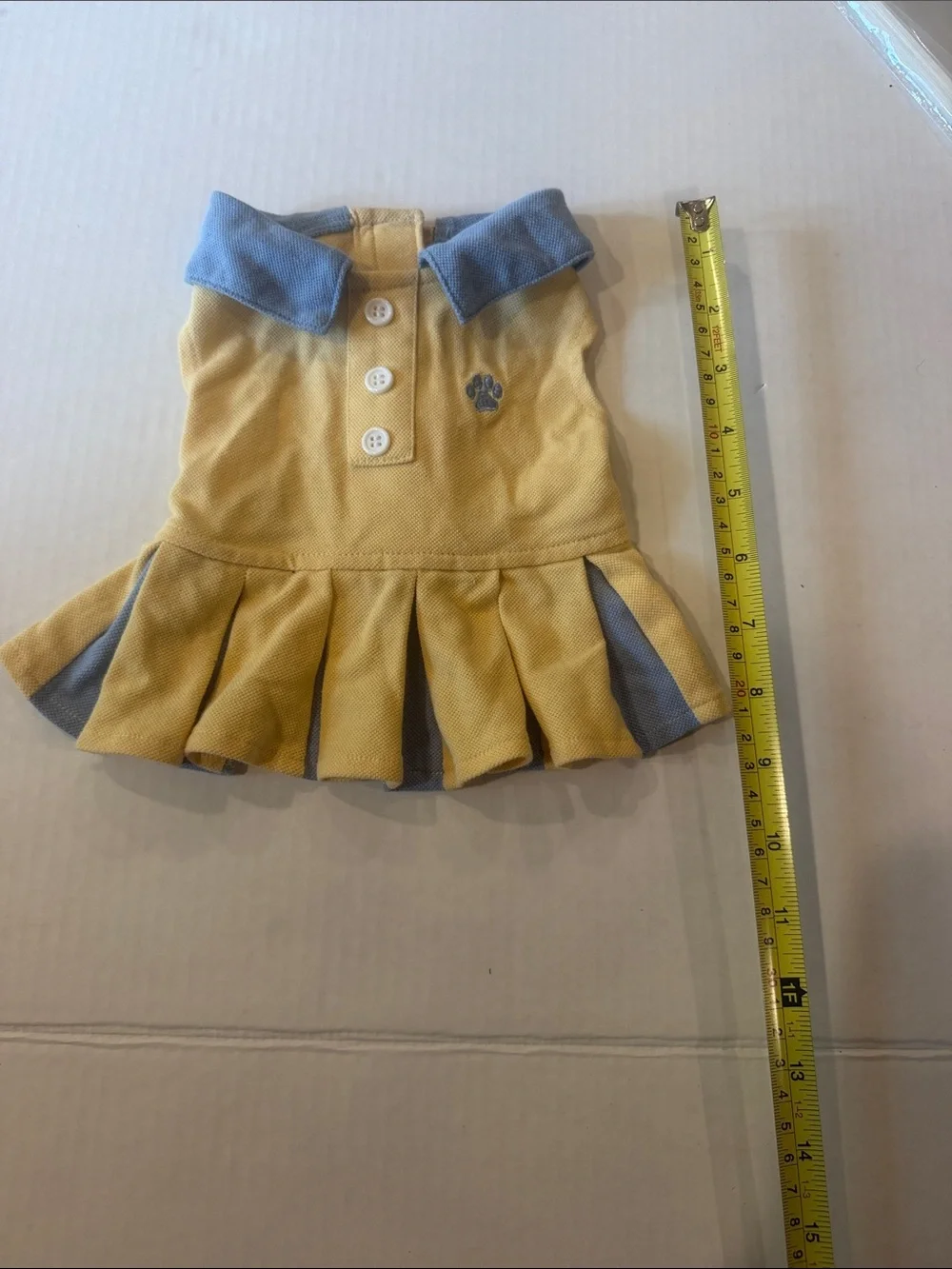 Yellow Pleated Pet Dress with Blue Trim